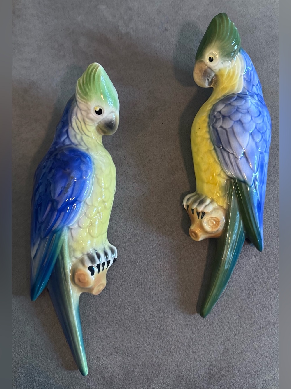 Pair of Vintage Hand-Painted Ceramic Parrot Wall Vases — Blue, Yellow & Green